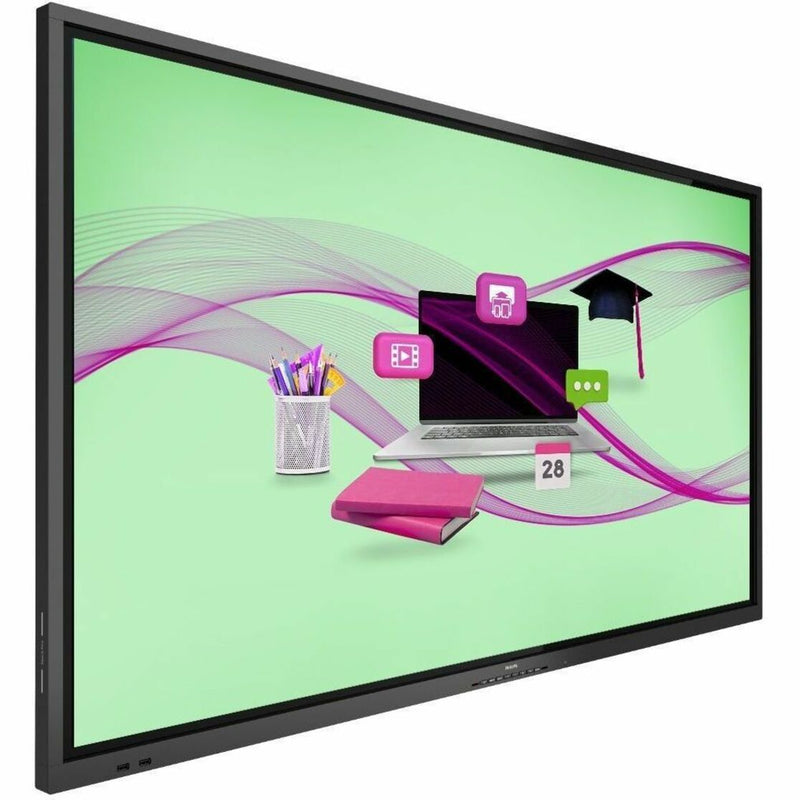 Philips display showing educational workspace with laptop, digital tools, and learning icons on green background