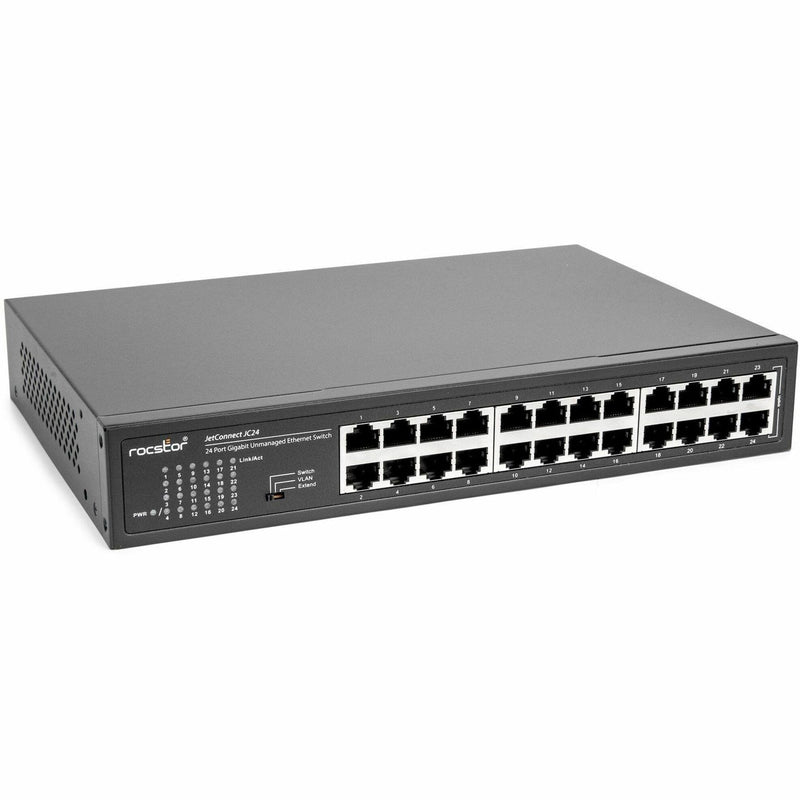 Angled view of Rocstor JetConnect JC24 switch showing complete port array and chassis design