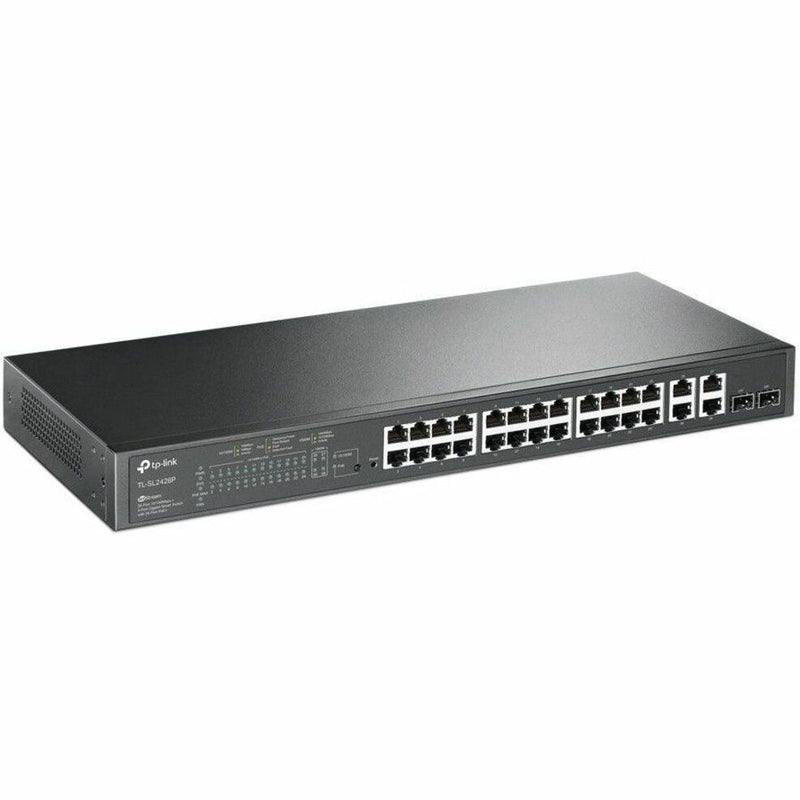 Front view of TP-Link TL-SL2428P switch showing 24 PoE+ ports, 4 Gigabit ports, and LED status indicators