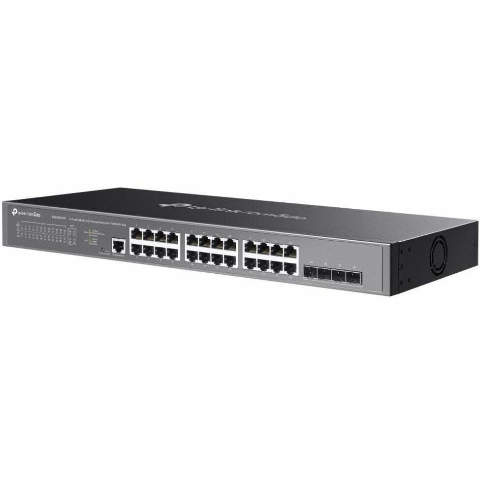 Angled view of TP-Link Omada SG3428X-M2 switch showing port arrangement and chassis design-alternate-image3