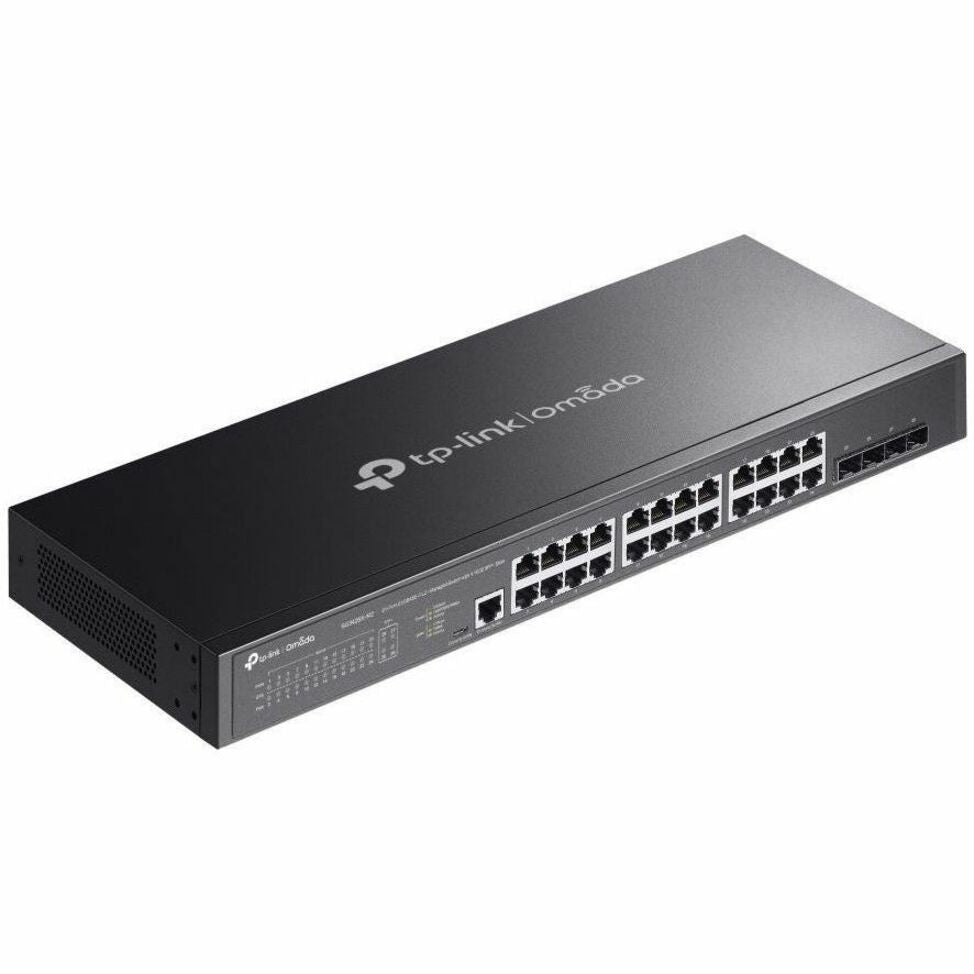 Perspective view of TP-Link Omada SG3428X-M2 switch highlighting overall design and port configuration-alternate-image4