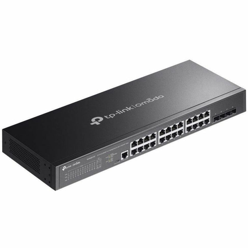 Perspective view of TP-Link Omada SG3428X-M2 switch highlighting overall design and port configuration