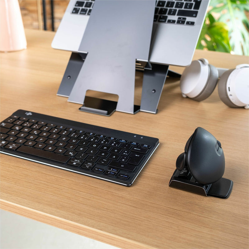 R-Go Twister mouse shown in a complete desk setup with keyboard and laptop stand