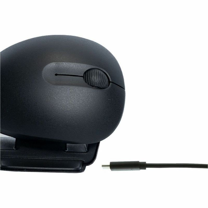 Close-up of R-Go Twister mouse showing USB charging port and cable