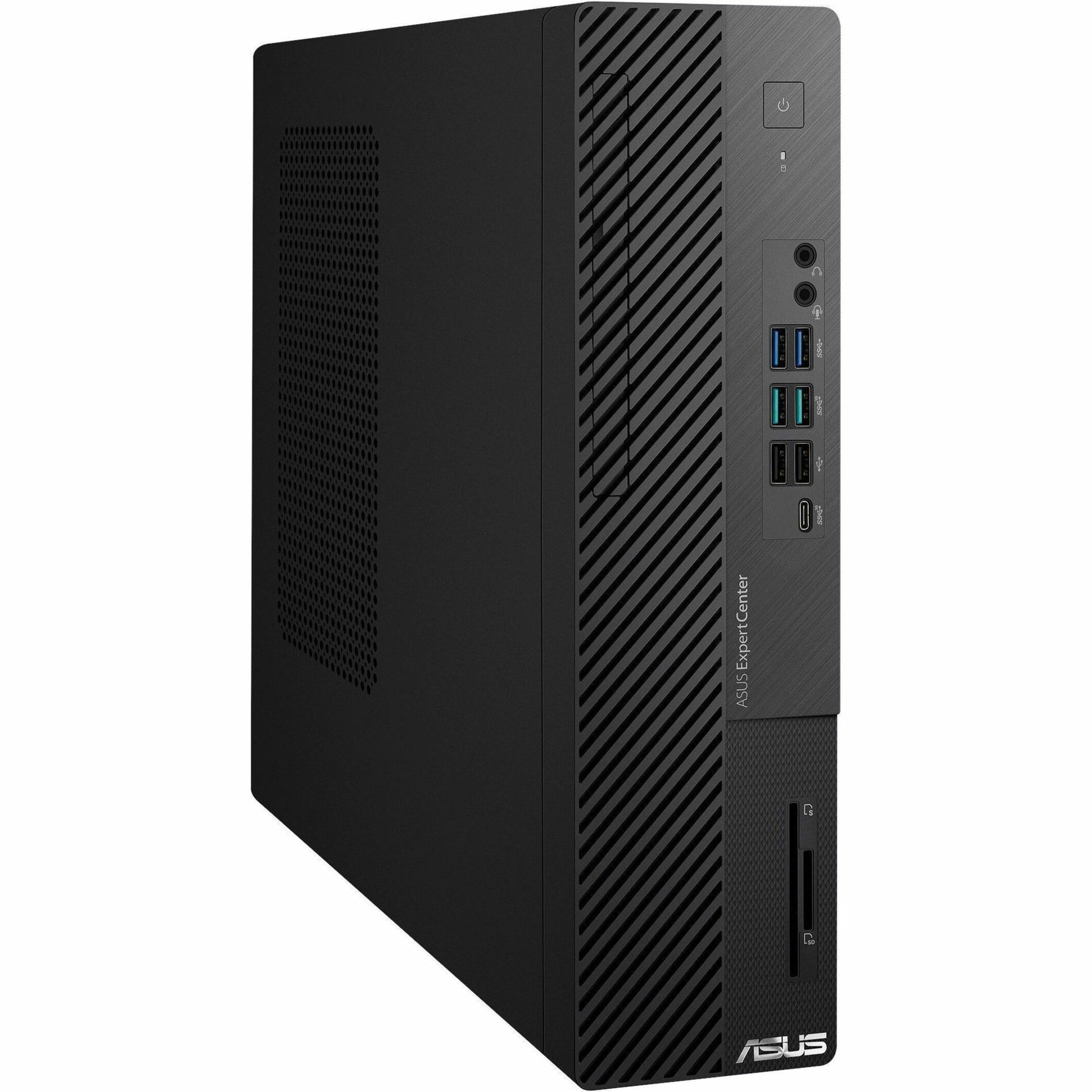 ASUS ExpertCenter D700SE desktop computer shown from side angle, displaying compact black chassis with diagonal stripe pattern and front USB ports-alternate-image1