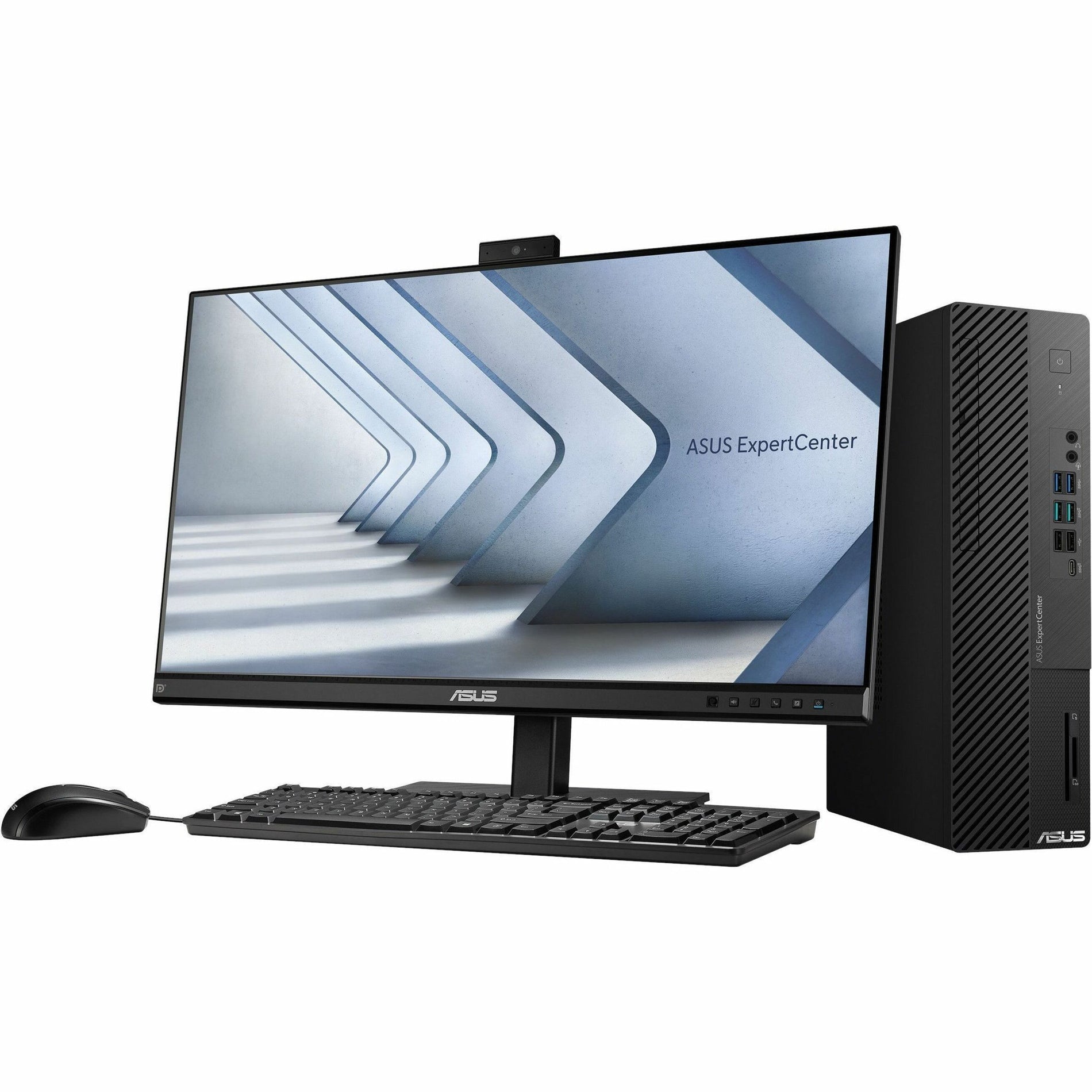 Side view of ASUS ExpertCenter D700SE workstation showing ergonomic monitor positioning and peripheral placement-alternate-image7