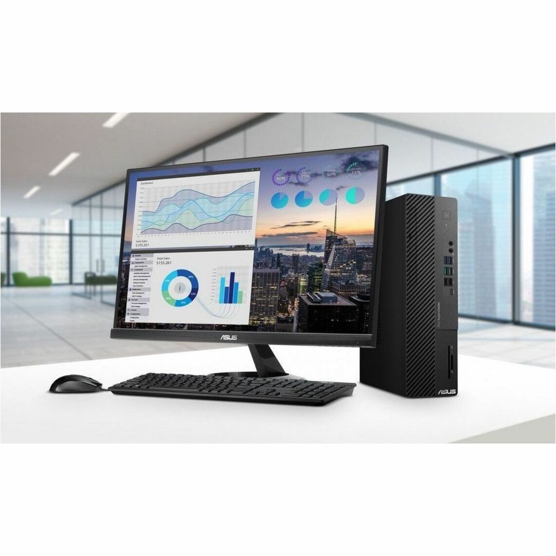 ASUS ExpertCenter D700SE in modern office setting with business analytics display-alternate-image12