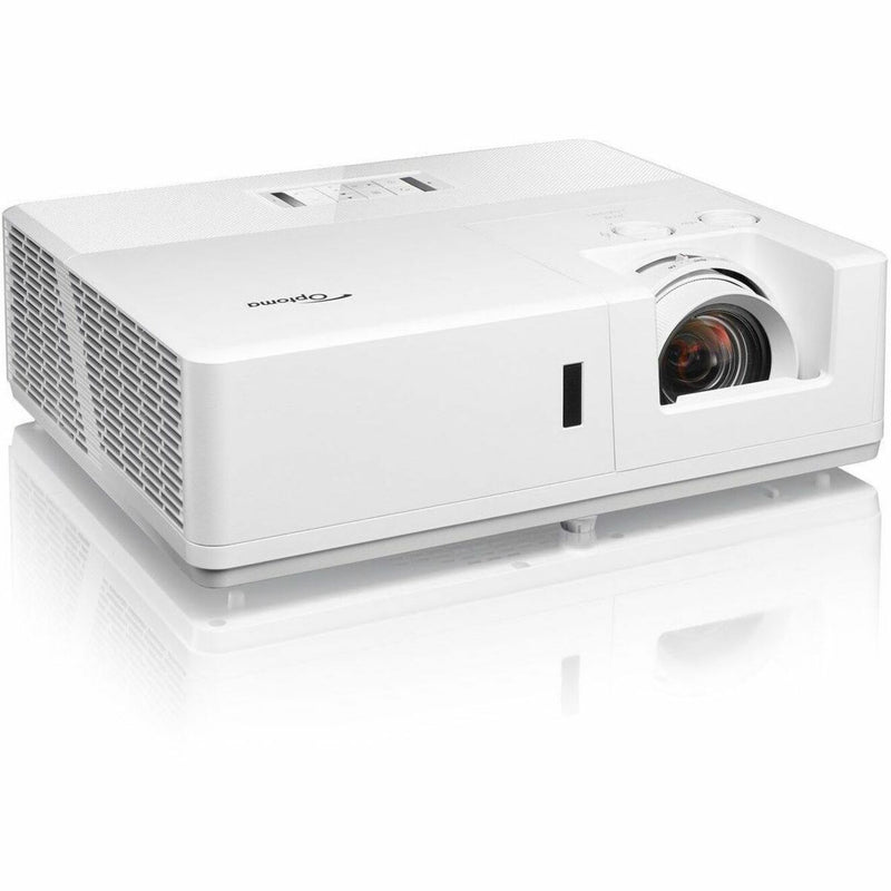 Angular perspective of Optoma ZU707T projector showing ventilation system and build quality