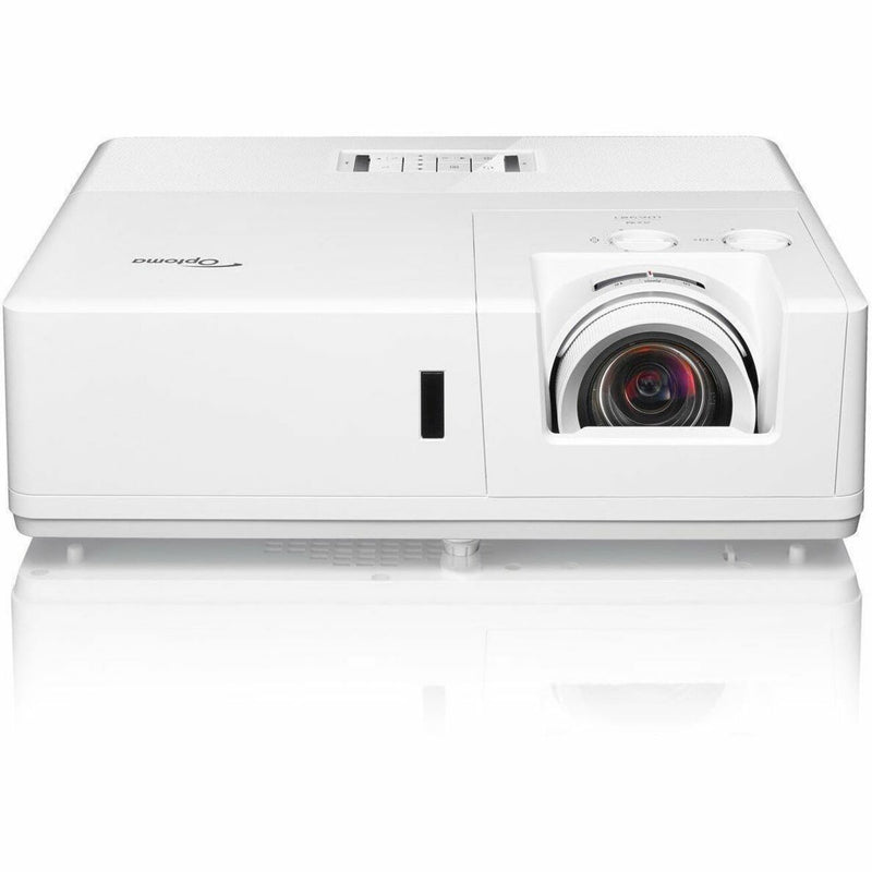 Front view of Optoma ZU707T white laser projector showing lens assembly and ventilation system