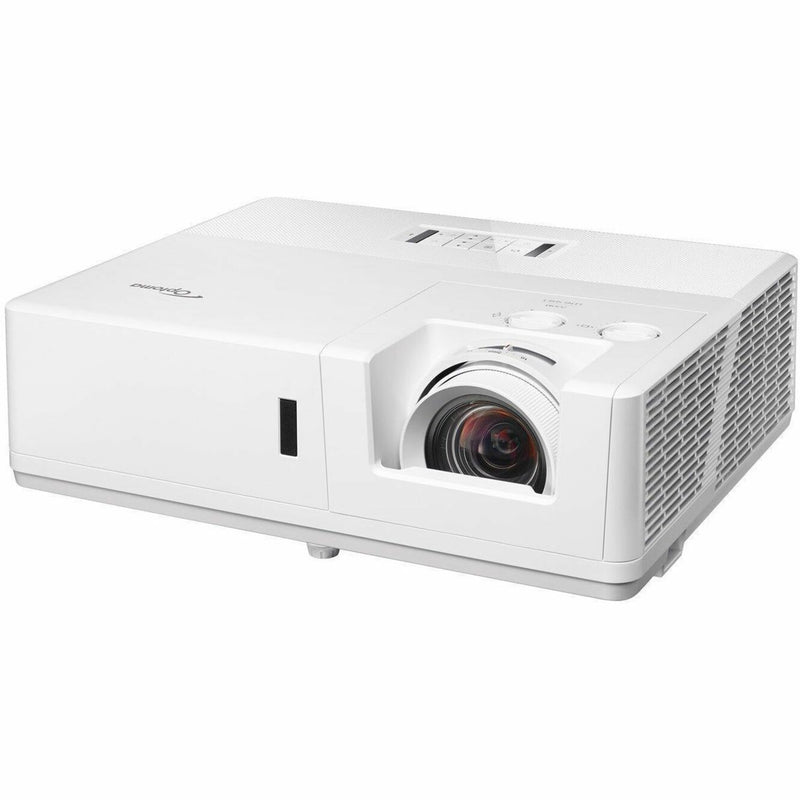 Three-quarter view of Optoma ZU607T projector showing cooling vents and construction