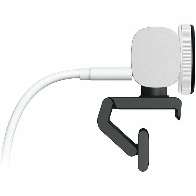 Side view of Logitech MX BRIO webcam showing mounting clip and USB-C cable connection