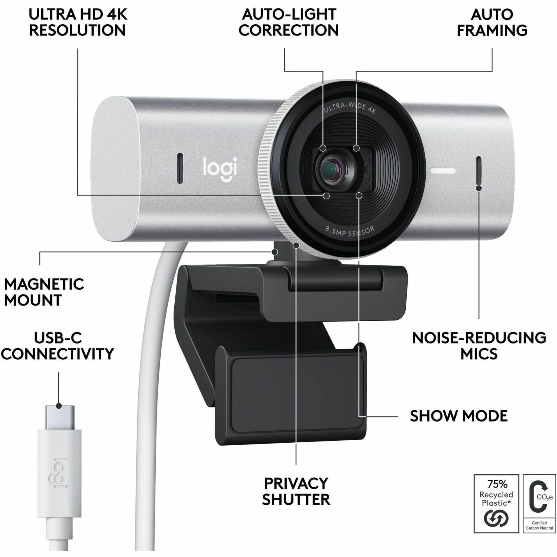 Diagram showing key features of the Logitech MX BRIO webcam-alternate-image7