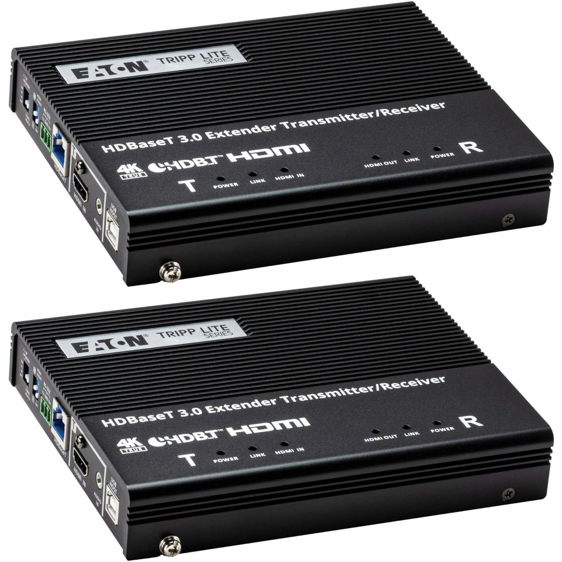 Front view of Tripp Lite HDBaseT 3.0 transmitter/receiver units showing LED status indicators and model information-alternate-image1