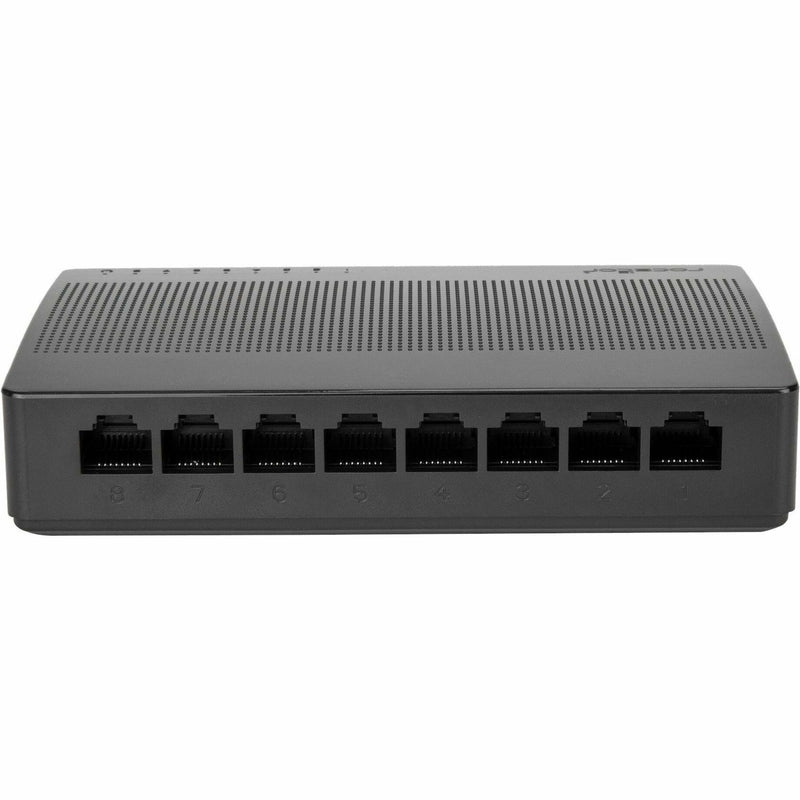 Front view of Rocstor JetConnect JC08 8-port gigabit network switch showing numbered ethernet ports