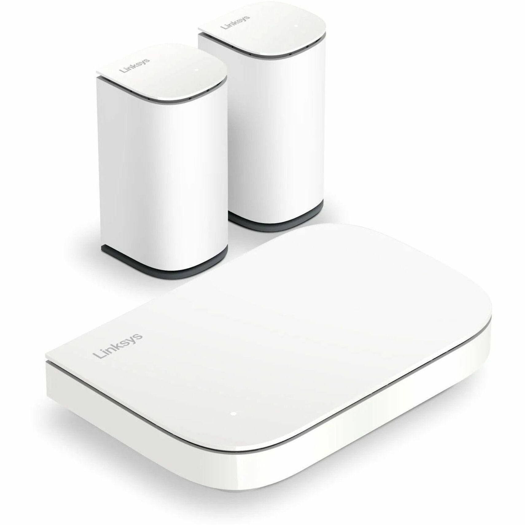 Angled view of Linksys Velop Micro WiFi 6 mesh system showing dimensional perspective of router and nodes-alternate-image2