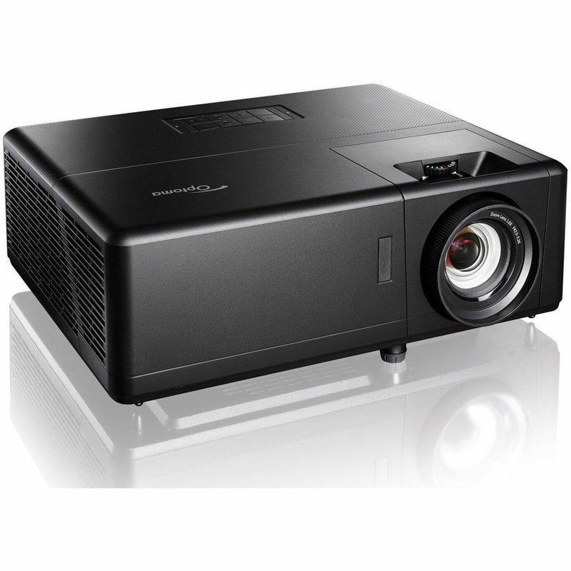 Three-quarter view of Optoma UHZ55 projector showing sleek design and cooling vents