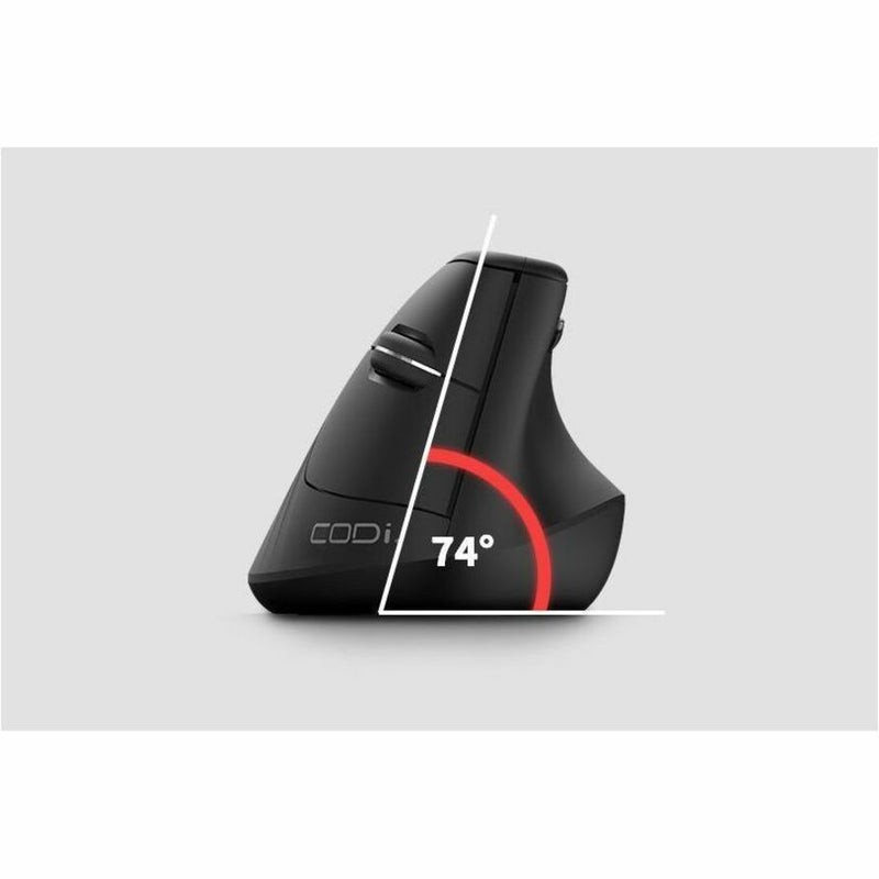 Side view of CODi 6D mouse showing 74-degree ergonomic angle design