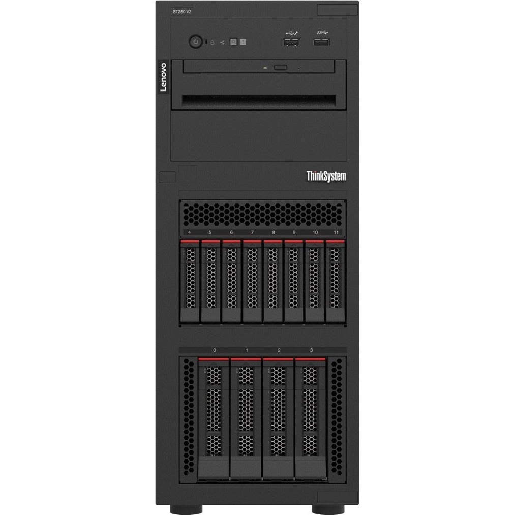 Close-up view of Lenovo ThinkSystem ST250 V2 server front panel showing drive bays and control interface-alternate-image2