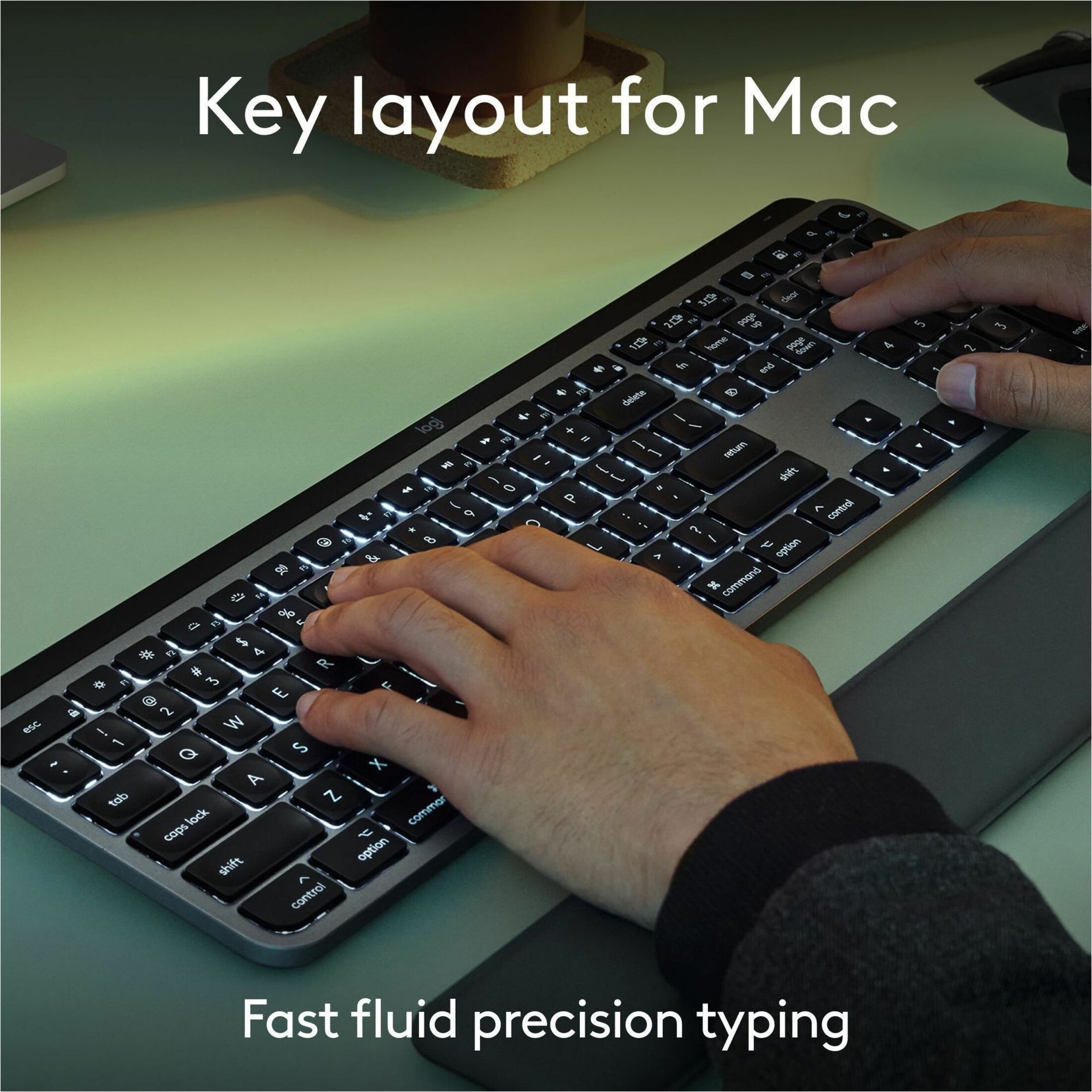 Close-up of MX Keys S keyboard showing Mac-specific key layout and backlit keys-alternate-image3