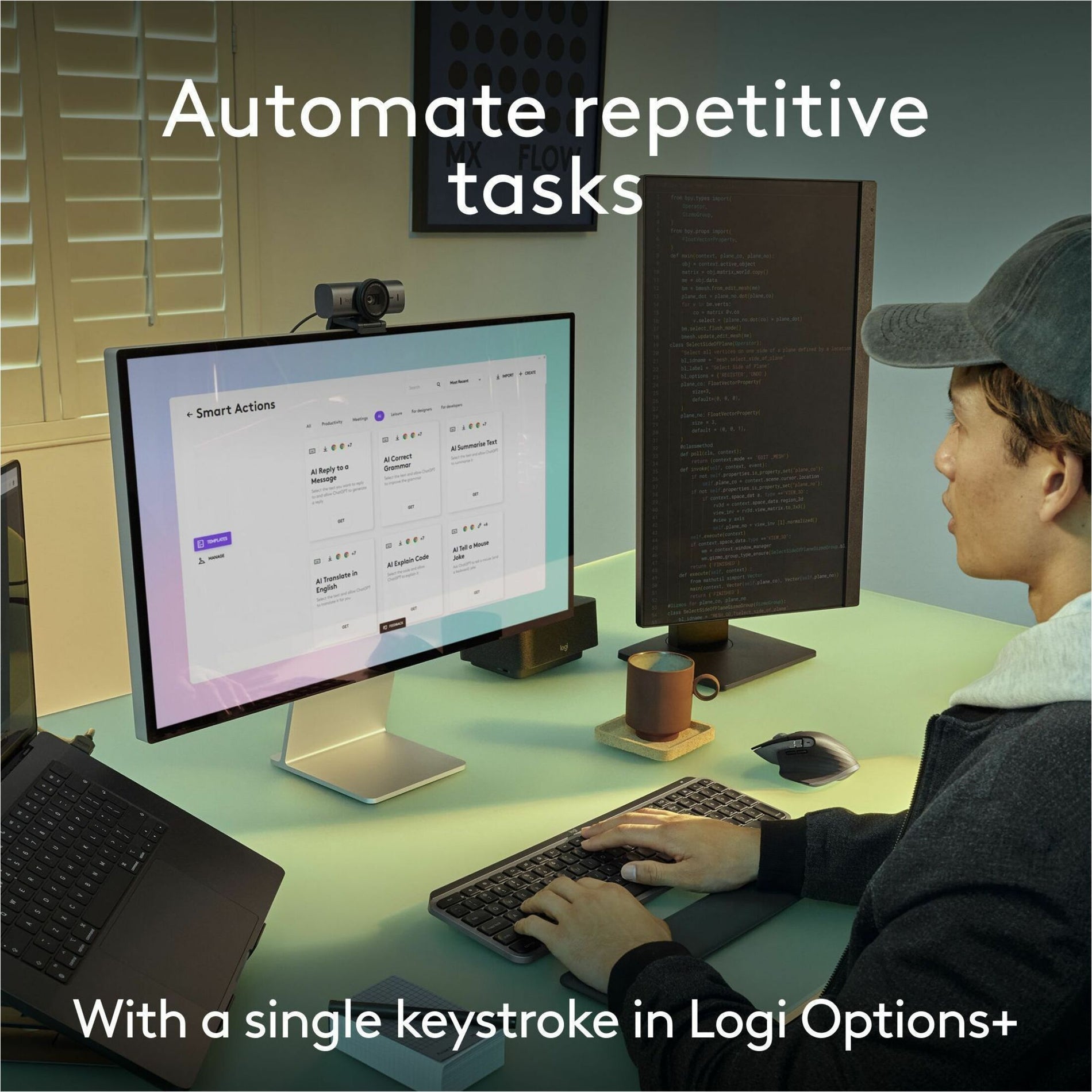 Desktop setup showing Logi Options+ software interface with Smart Actions configuration-alternate-image5