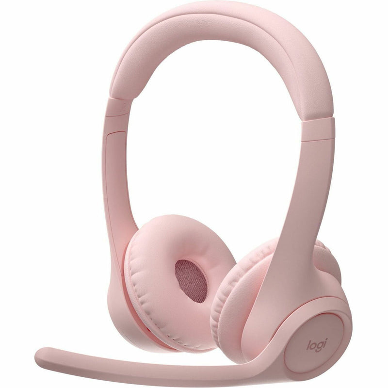 Logitech Zone 300 wireless headset in rose color showing over-ear design with boom microphone