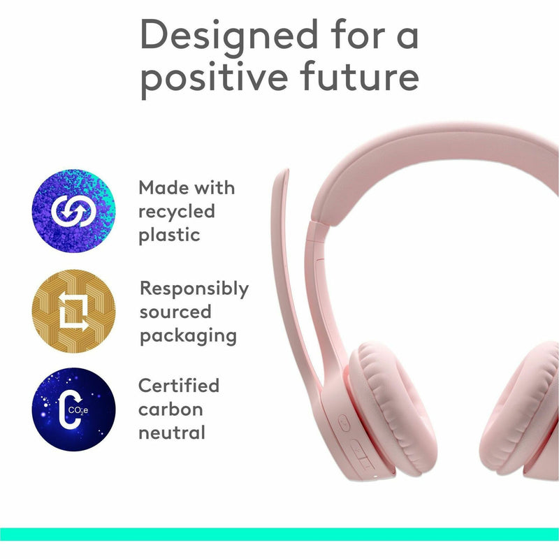 Sustainability features of Logitech Zone 300 headset highlighting eco-friendly materials and packaging