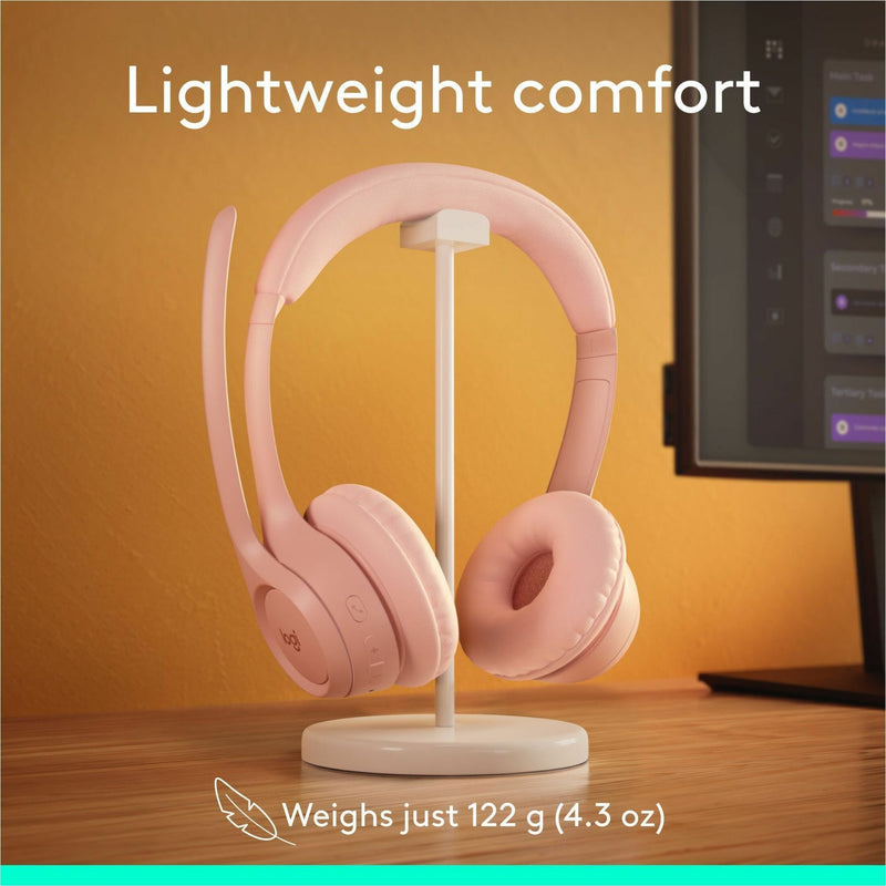 Logitech Zone 300 headset on stand showing lightweight design