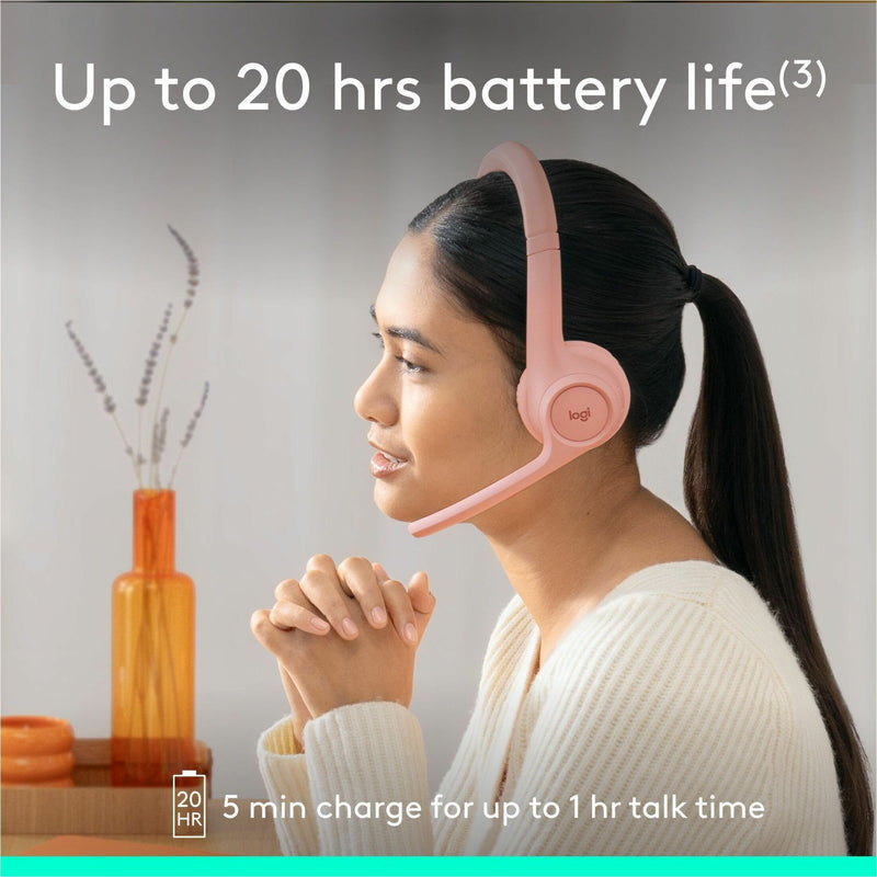 Person wearing Logitech Zone 300 headset showing comfortable fit and battery life indicator