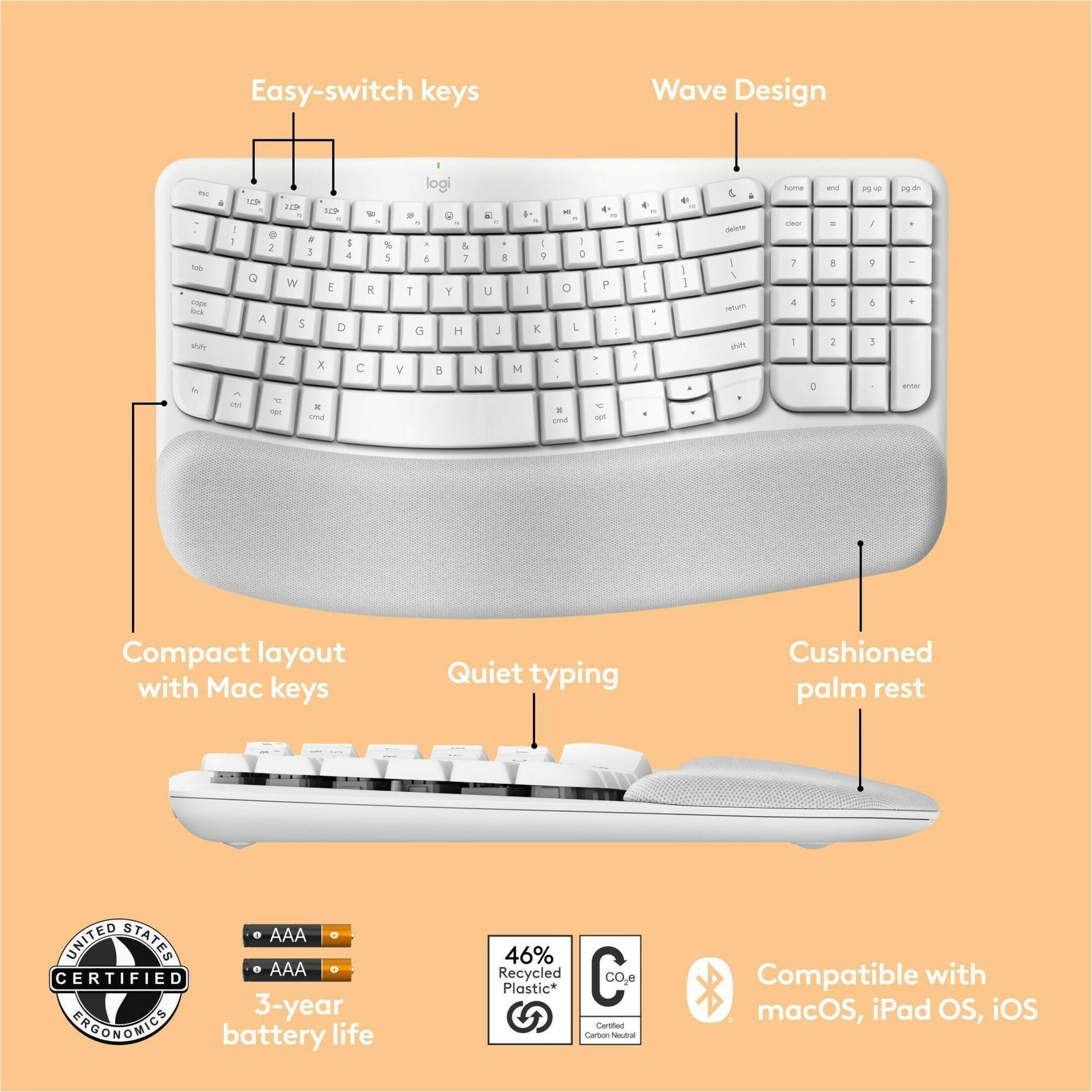 Logitech Wave Tasti per Mac (Tastiera Wireless) - Bianco Off White