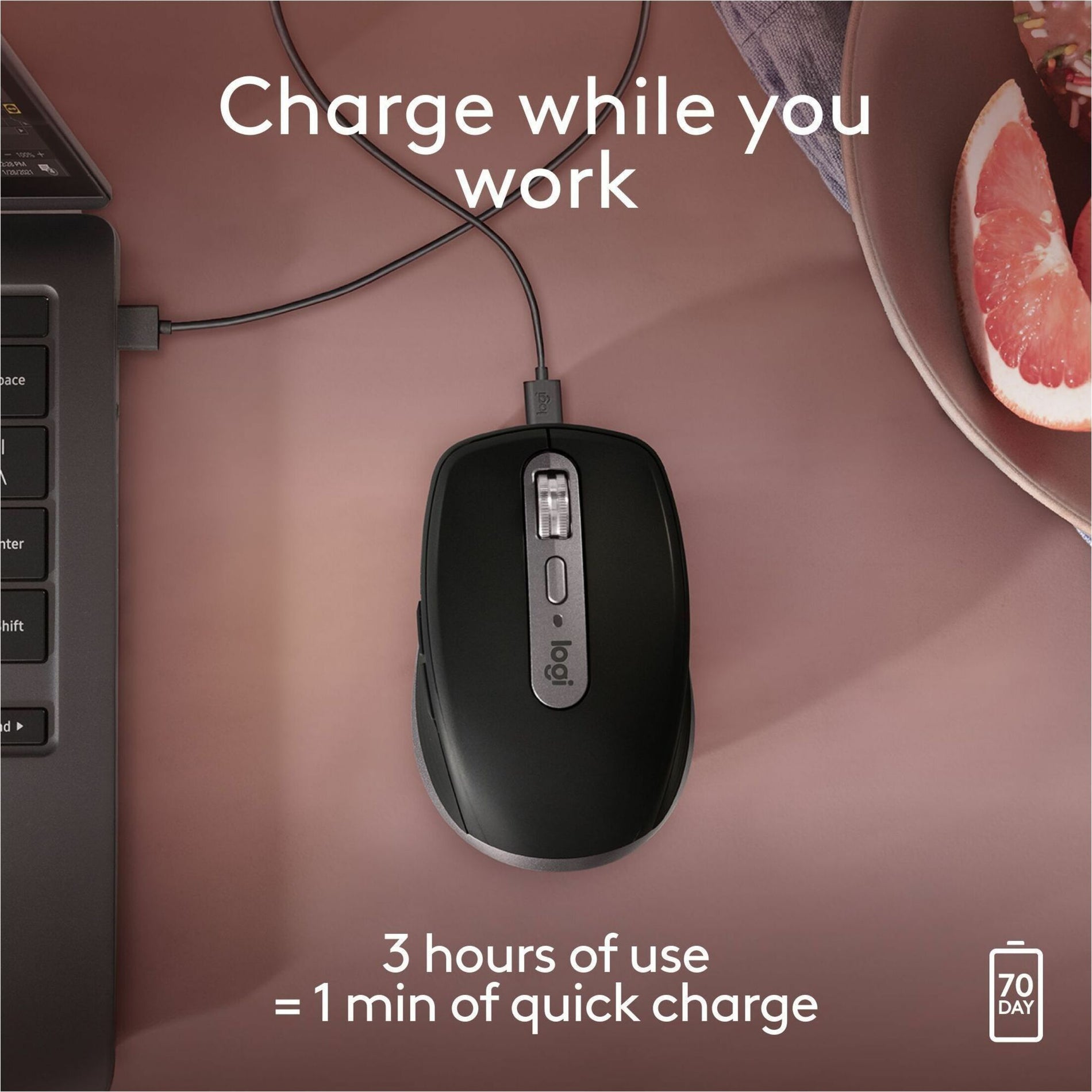 MX Anywhere 3S mouse connected to USB-C charging cable with quick charge indicator-alternate-image4