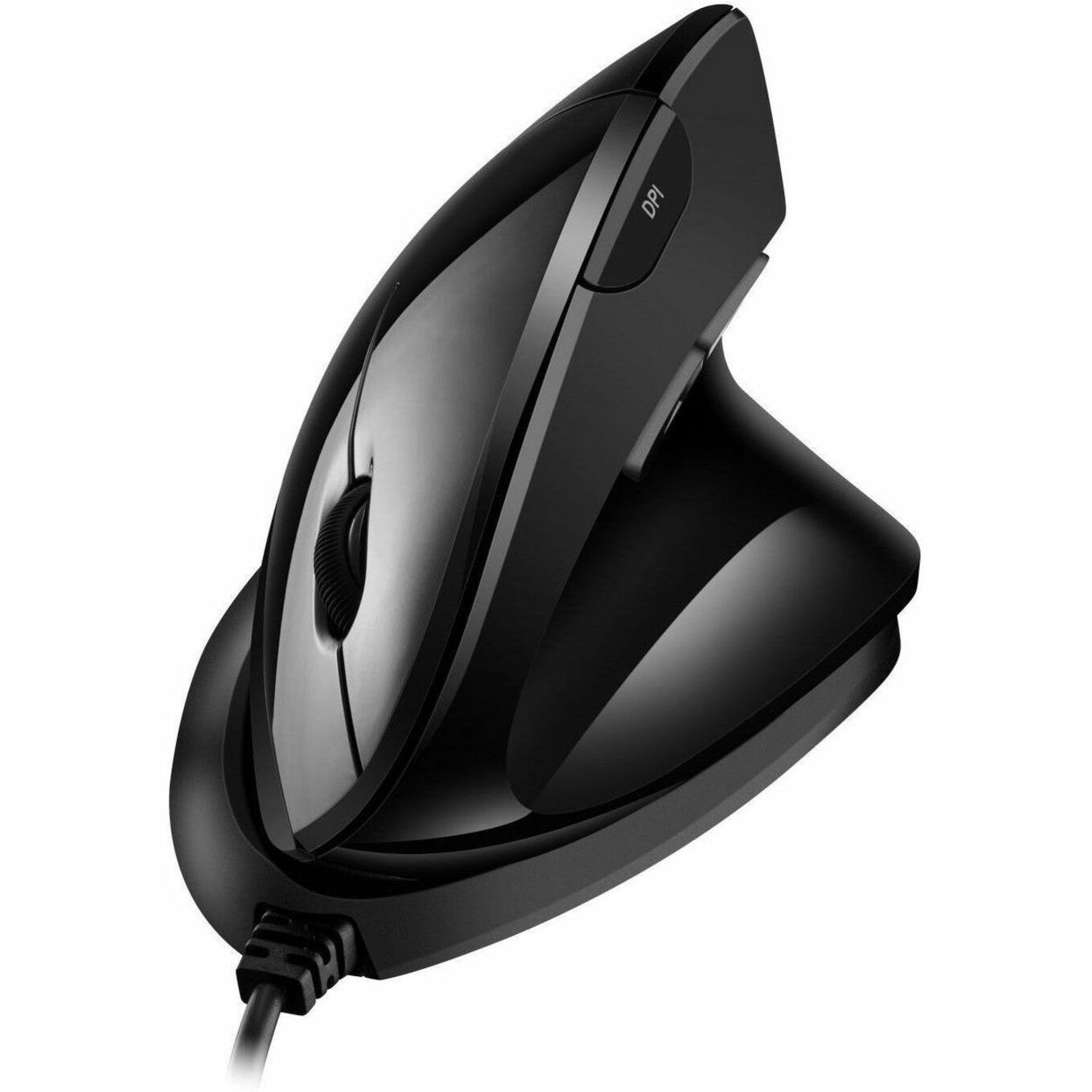 Side view of black Adesso iMouse V3 vertical ergonomic mouse showing DPI button and sleek design-alternate-image1