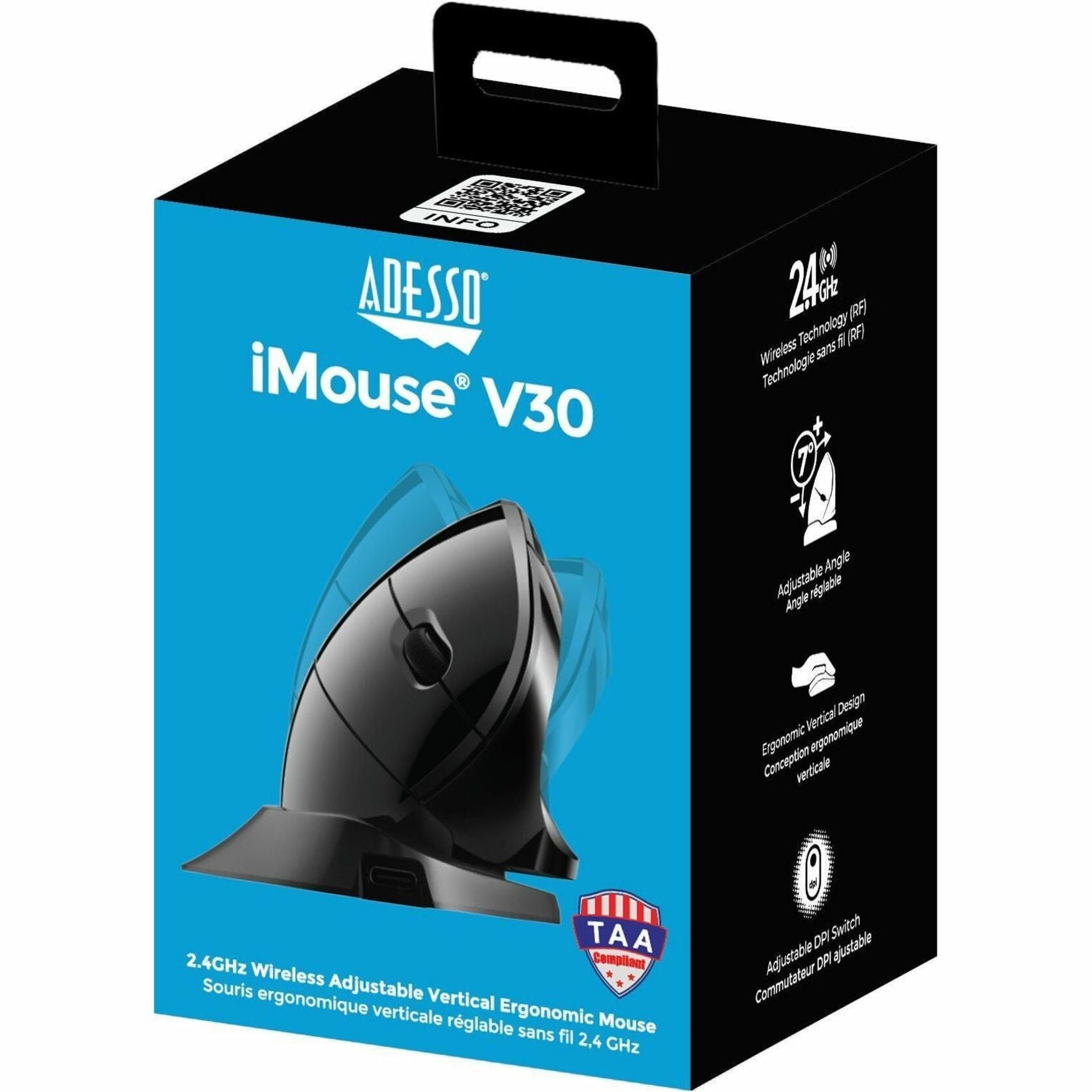 Product packaging of Adesso iMouse V3 showing TAA compliance and feature icons-alternate-image7