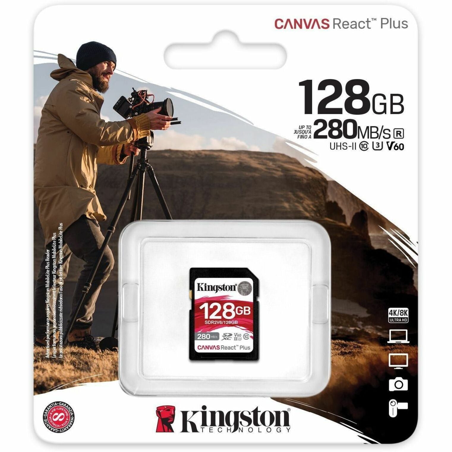 Kingston 128 Go Canvas React Plus SDXC UHS-II 280R/100W U3 V60 pour Full HD/4K