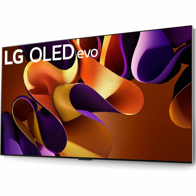 LG OLED evo G4 65-inch TV displaying vibrant abstract art pattern in orange, yellow, and purple tones