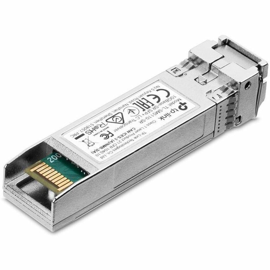 Side view of TP-Link SM5110-SR SFP+ module showing detailed product labeling and certification marks-alternate-image2