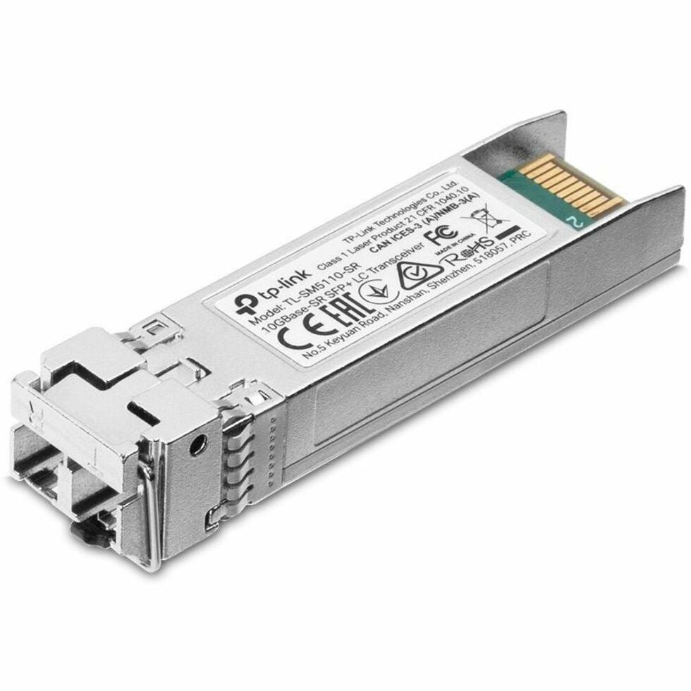 TP-Link SM5110-SR 10GBase-SR SFP+ transceiver module shown from front angle displaying LC connector ports-alternate-image1