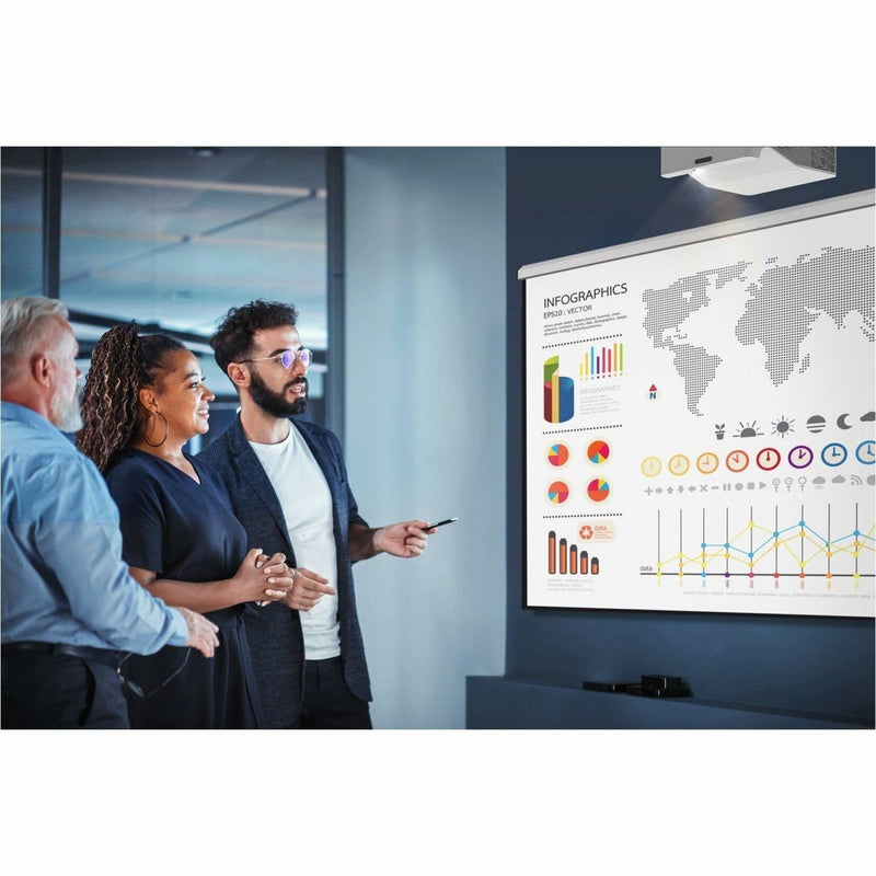 Business professionals presenting infographics using Optoma ZW410UST in a meeting room