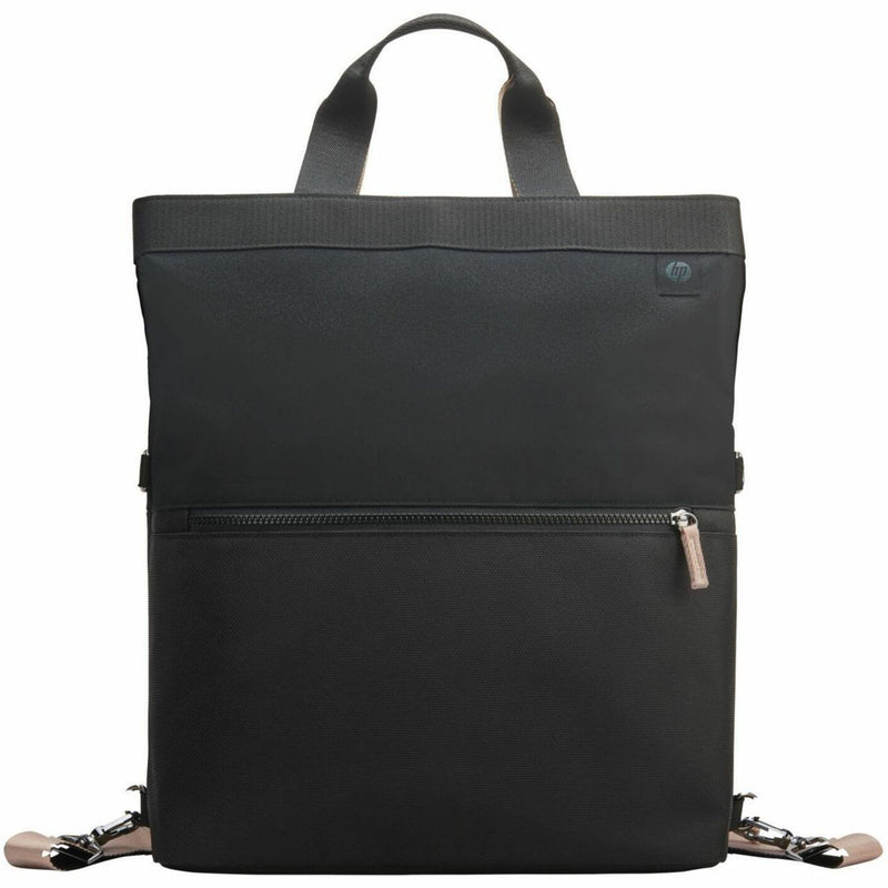 HP convertible laptop bag shown in tote configuration with top handles and front zipper compartment