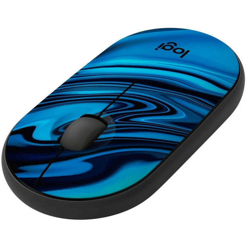 Side angle view of Logitech M340 wireless mouse displaying blue galaxy pattern