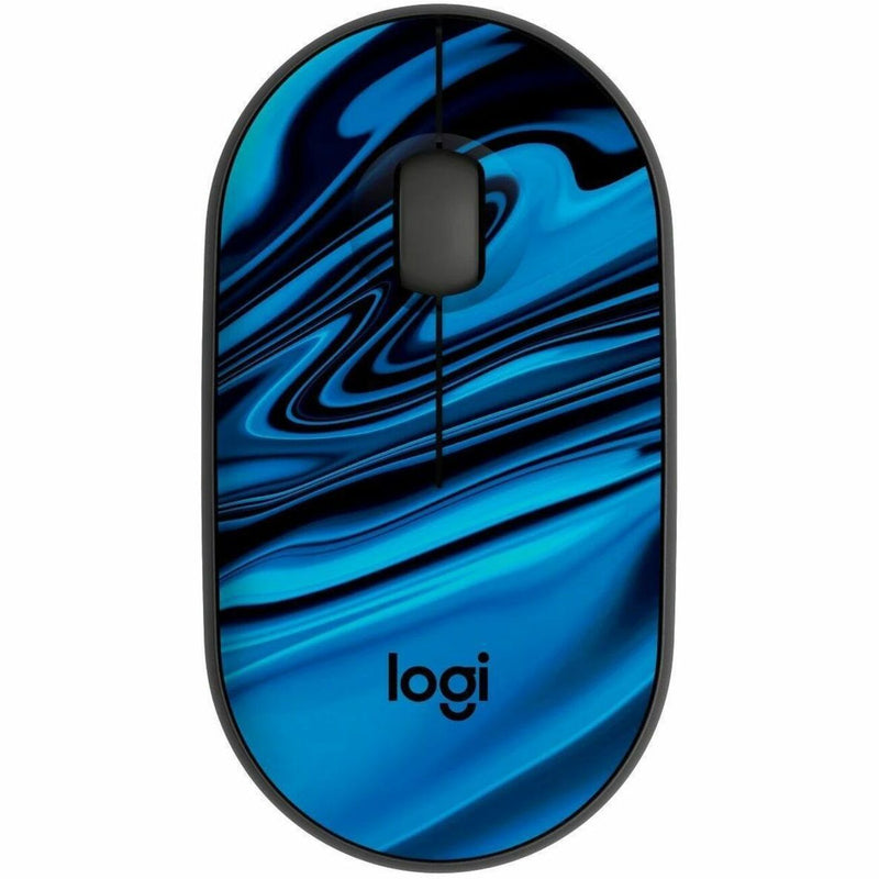 Logitech M340 wireless mouse top view showing blue galaxy swirl pattern design on black frame