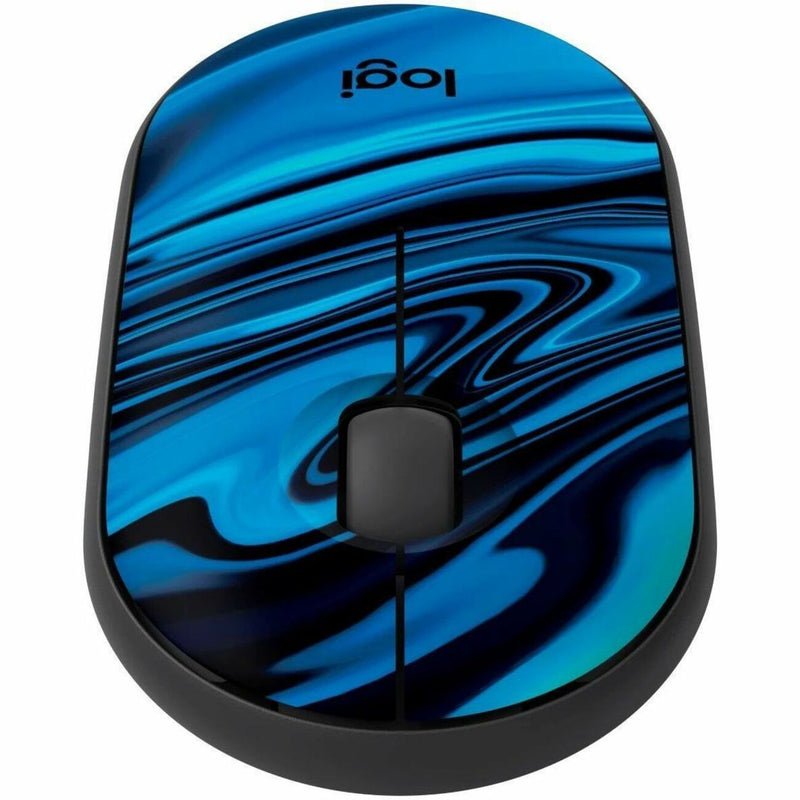 Angled view of Logitech M340 wireless mouse showing flowing blue pattern design