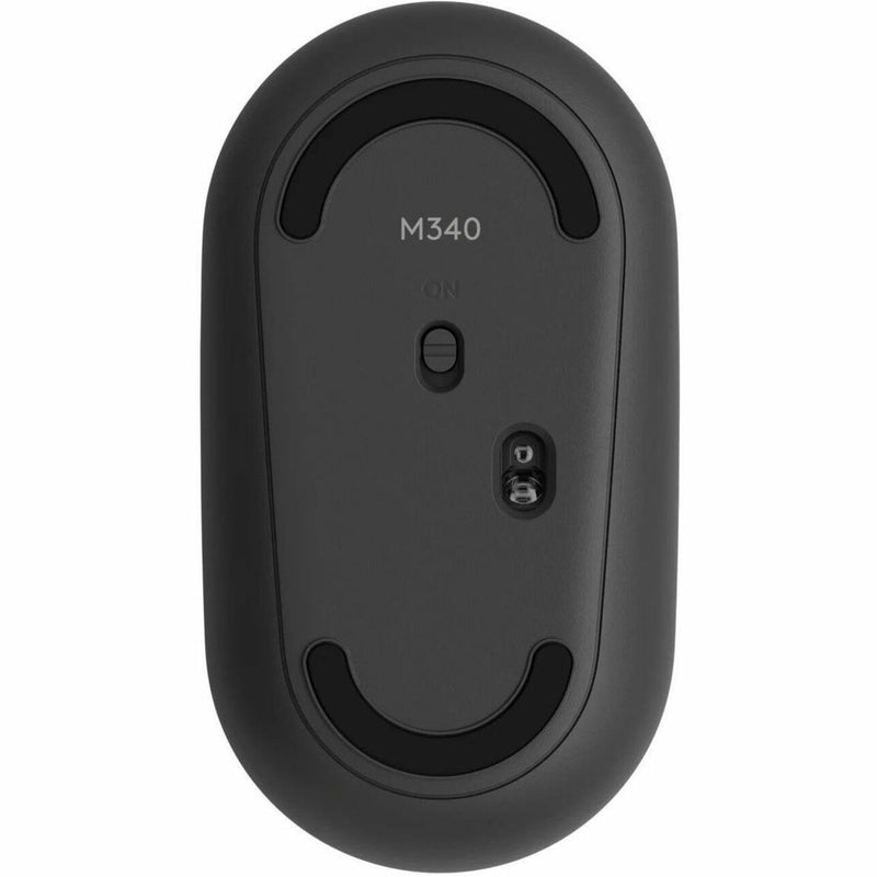 Bottom view of Logitech M340 wireless mouse showing power switch and sensor