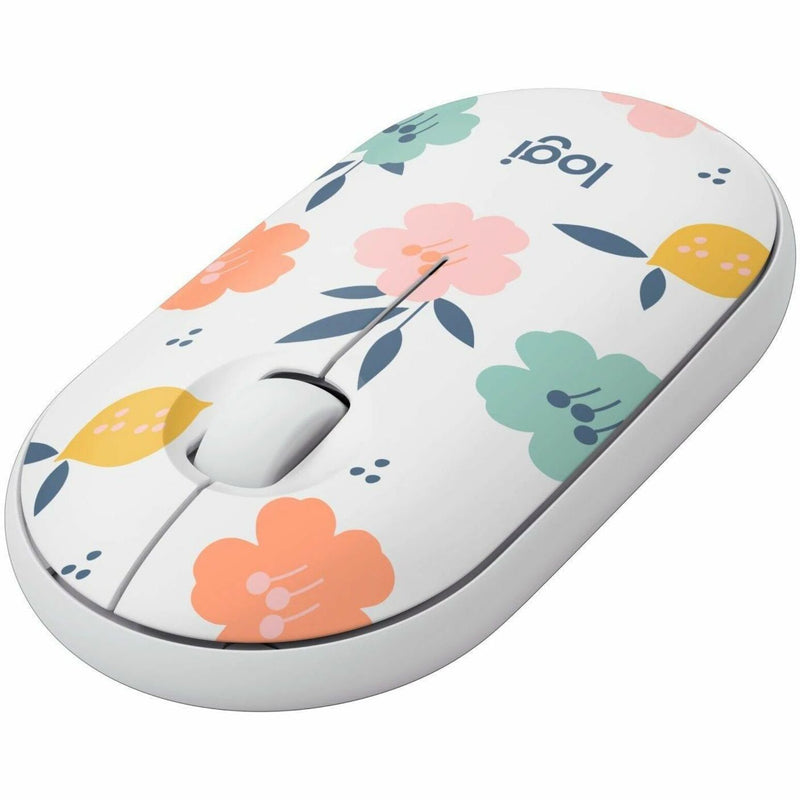 Angled view of Logitech M340 wireless mouse showing the wraparound floral pattern design and button placement