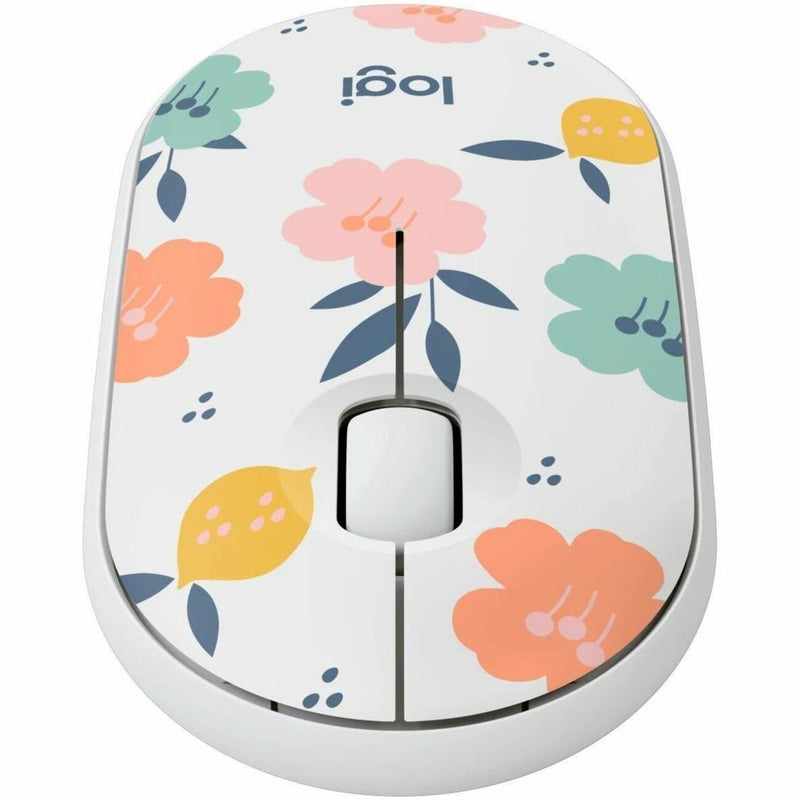 Top view of Logitech M340 wireless mouse featuring a modern floral pattern with coral, mint, and yellow flowers on white background