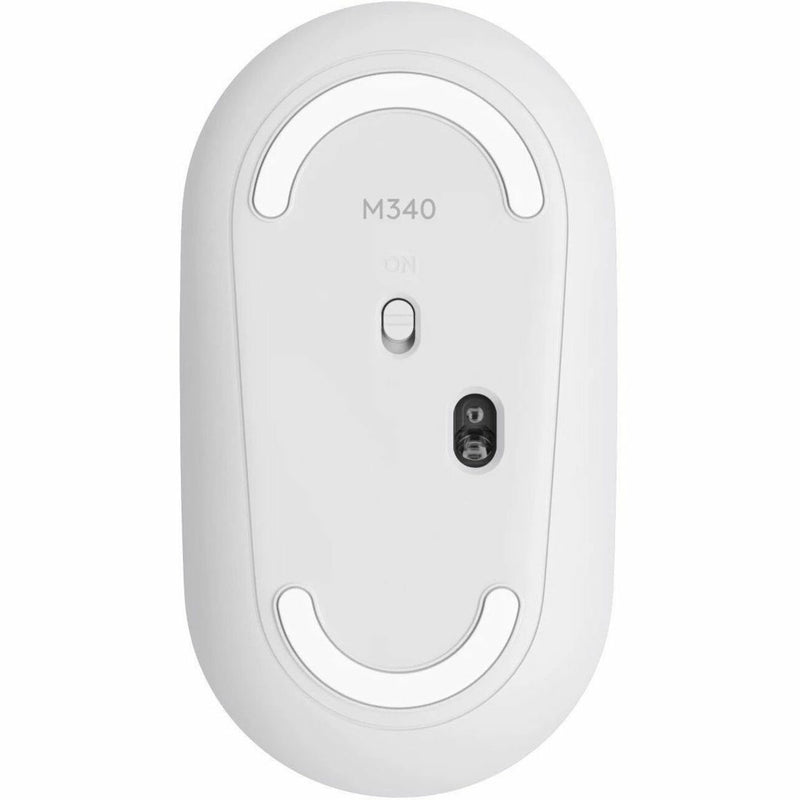 Bottom view of Logitech M340 wireless mouse showing model number and optical sensor