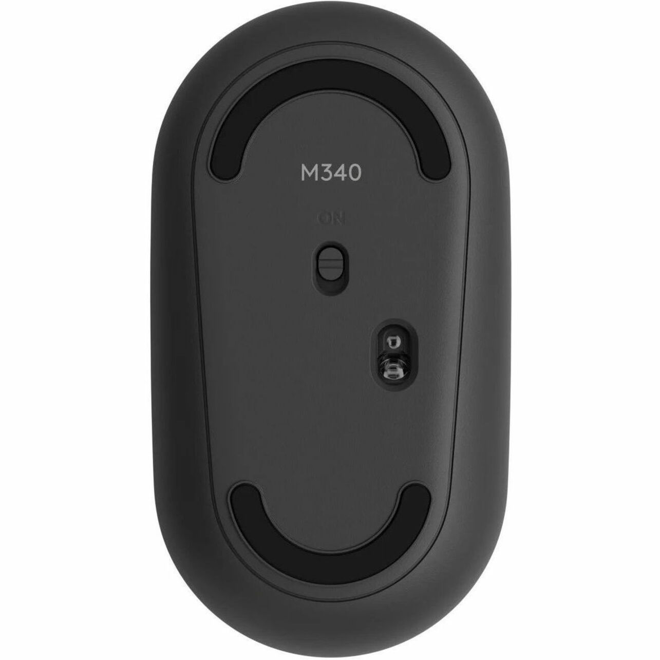 Bottom view of Logitech M340 wireless mouse showing power switch and optical sensor-alternate-image5