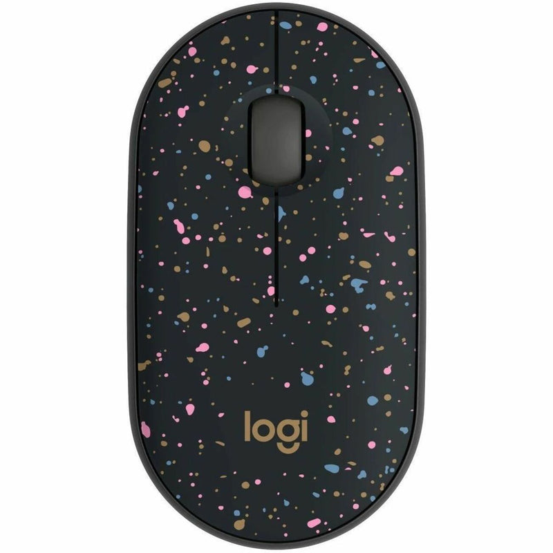 Logitech M340 wireless mouse with speckled pattern design featuring pink, blue and gold dots on black surface, top view