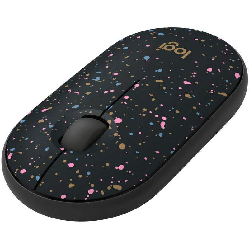 Angled view of Logitech M340 wireless mouse showing ergonomic design and speckled pattern