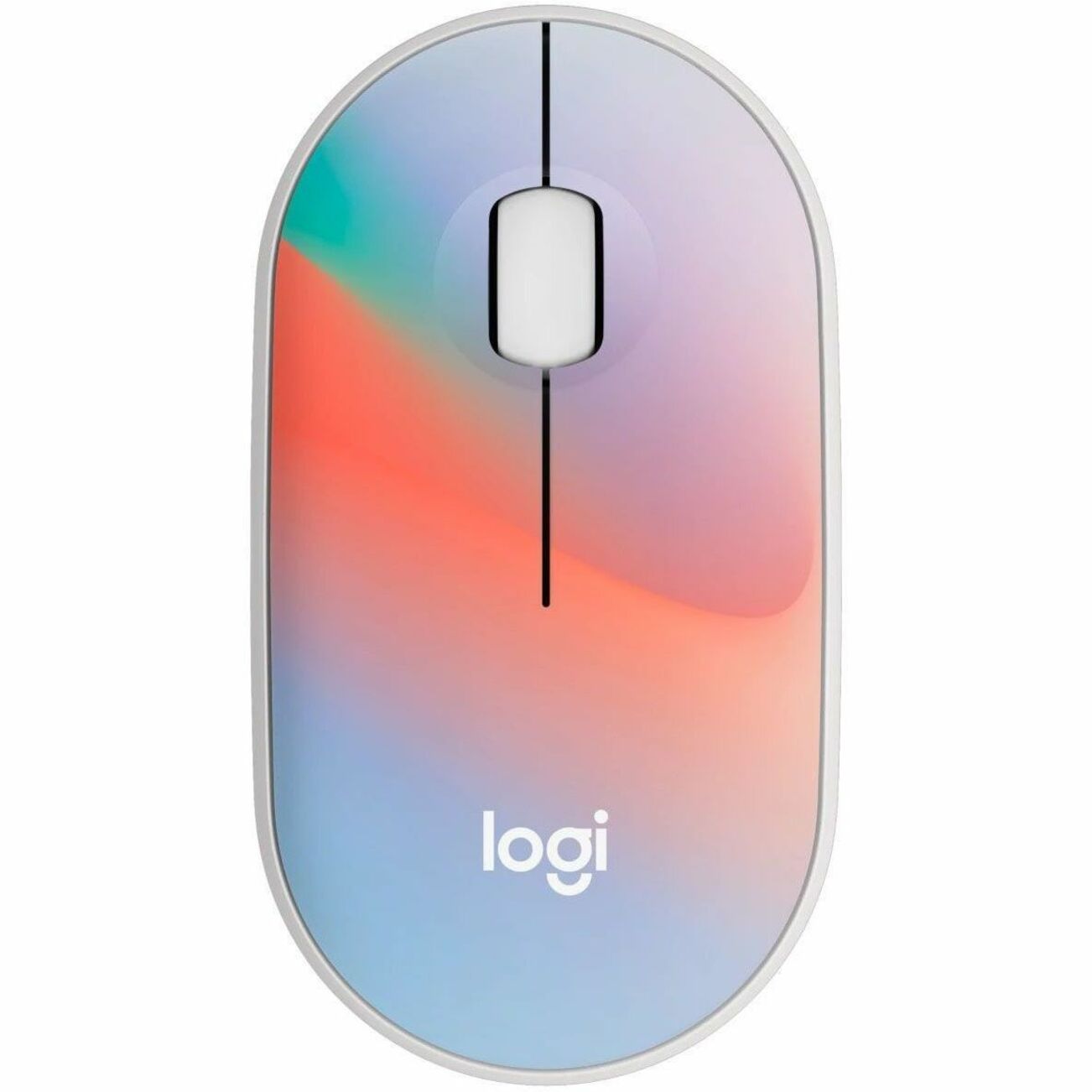 Logitech M340 wireless mouse in Sheer Dream colorway featuring a gradient design with coral, turquoise, and lavender tones, viewed from above-alternate-image1