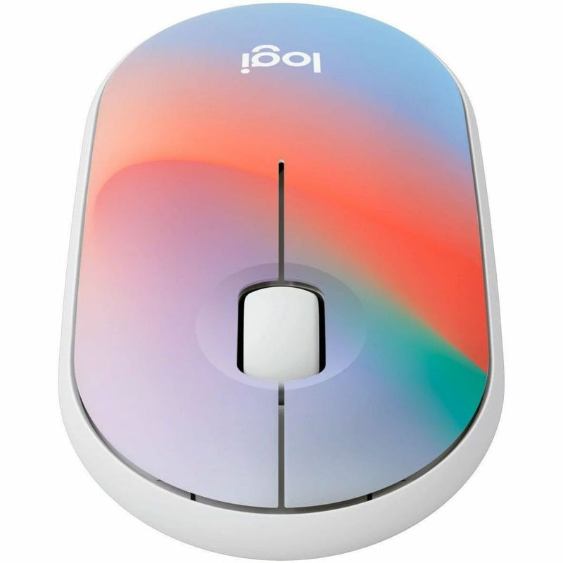 Top view of Logitech M340 wireless mouse showing symmetrical design and gradient color pattern